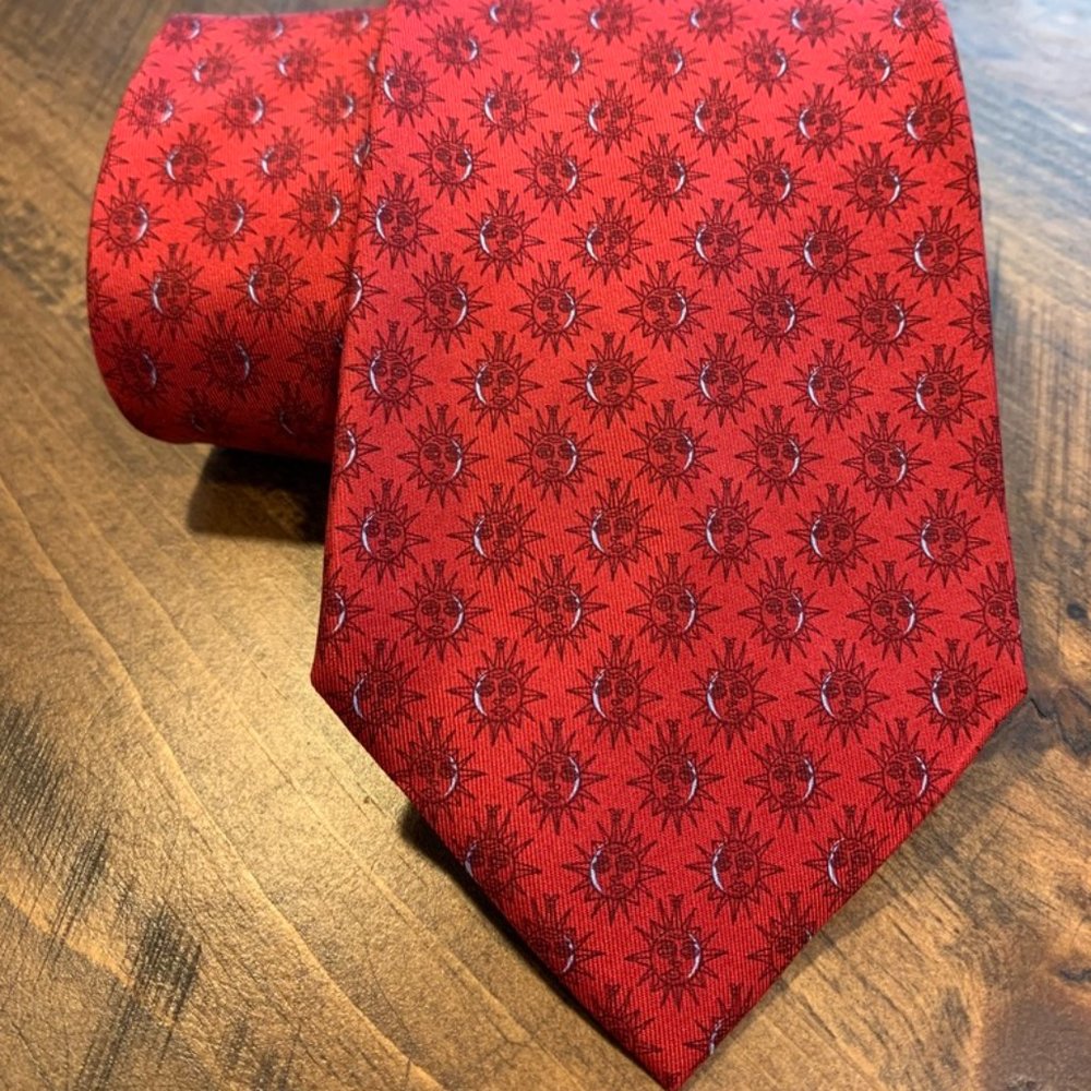 LANCEL France Sun Red Geometric Silk Neck Tie